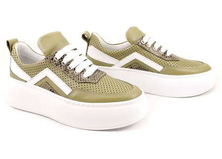 Дамски спортни обувки от естествена кожа в зелено - Модел Делия