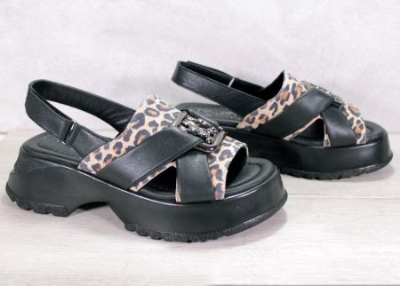 Sandale de dama cu platforma din piele naturala negru si leopard - modelIasomie