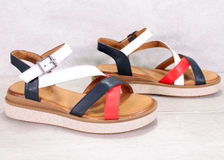 Дамски сандали от естествена кожа в червено, синьо и бяло - модел Хали Бери