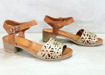 Sandale de dama cu toc mic din piele naturala de culoare maro si auriu - model Janice