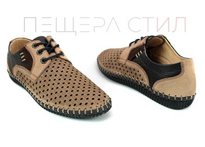 Мъжки летни, меки обувки в  цвят "пясък" с елемент от кафява кожа, на шито ходило модел 47 PS
