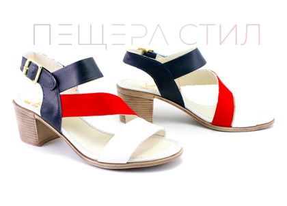 Sandale de damă din piele naturală în culoarea „tomi” alb, roșu, albastru - Model Gabriela.