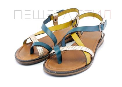Дамски сандали на ниско ходило в жълто, синьо и златисто - Модел Белинда.