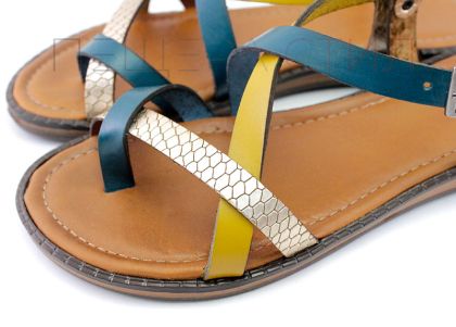 Дамски сандали на ниско ходило в жълто, синьо и златисто - Модел Белинда.