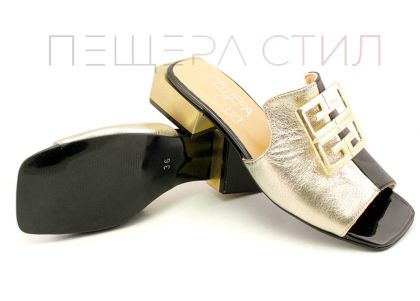 Дамски чехли на нисък ток в златно и черно - Модел Мишел.