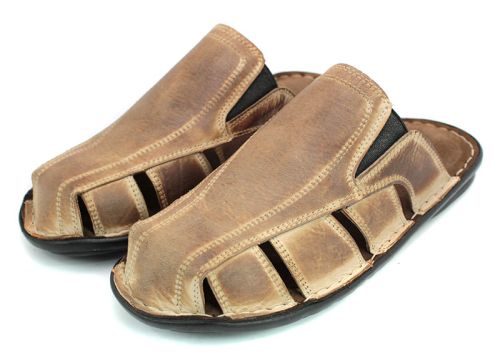 Мъжки чехли от естествена кожа в бежов цвят с шито ходило K 141 BJ