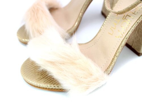 Sandale elegante de damă cu toc auriu cu puf bej 577 ZL