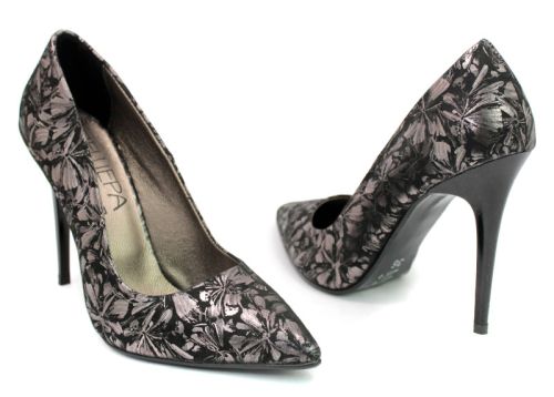 Дамски официални обувки от естествена кожа в черно със сребристи цветчета 178-120 CH