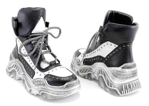 Дамски зимни спортни обувки от естествена кожа в черно и бяло 6002 CH