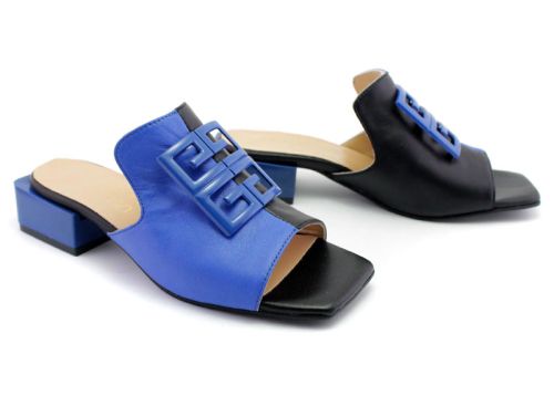 Дамски чехли на нисък ток в синьо и черно - Модел Мишел.