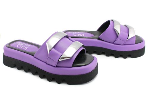 Дамски чехли на високо ходило от естествена кожа в цвят лилав - Модел Зоя.