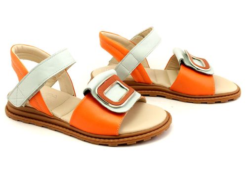 Sandale dama - model Inara, piele naturala in portocaliu si albastru deschis.