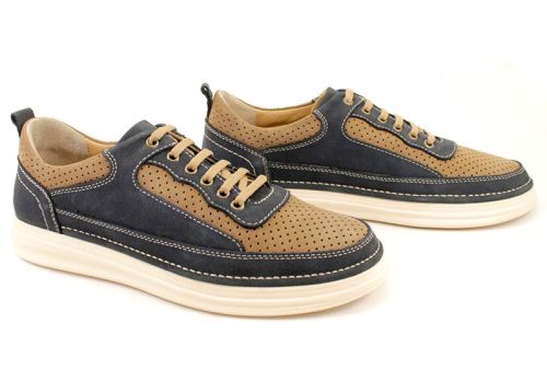 Мъжки ежедневни летни обувки от естествен набук в синьо и бежово - Модел Севар.