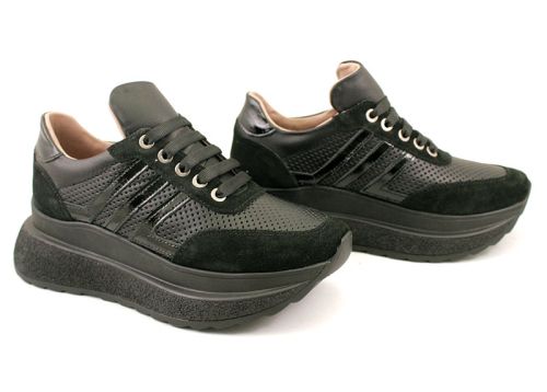 Pantofi sport de dama din piele naturala si piele intoarsa de culoare neagra - Model Kaira.