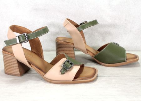 Дамски сандали на ток от естествена кожа в зелено и визон - модел Джаки