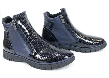 дамски ниски боти Velina Forte от естествен лак и кожа, тъмносини, с плюшен хастар и два ципа