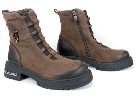 дамски боти Terra Valen, естествен набук, кафяви, потъмнени зони, декоративни каишки, зимни, нисък ток