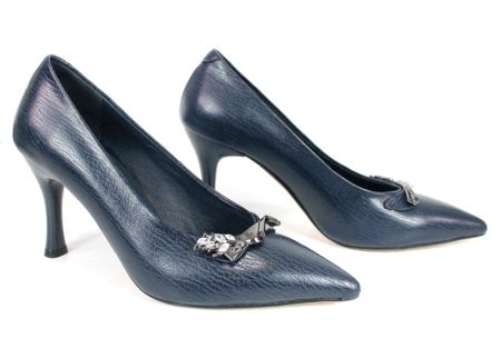 Дамски официални обувки Luxe Éternelle – тъмно син цвят, естествена кожа, висок тънък ток