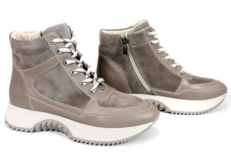 Дамски високи сникърси – естествена кожа и велур, топъл хастар, цвят визон - модел Rovere Alto