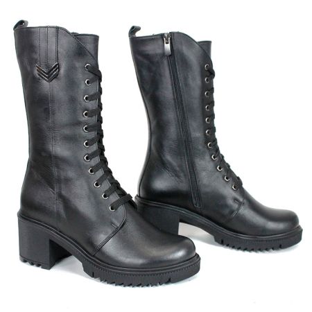 Дамски високи кубинки Valora Nera от естествена черна кожа с връзки, цип и зимно ходило