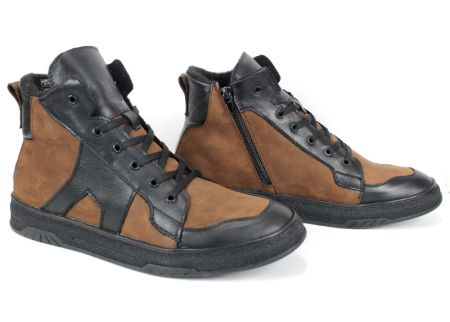 Мъжки боти Strada Vero от естествена кожа в черно и светло кафяво, с връзки и страничен цип