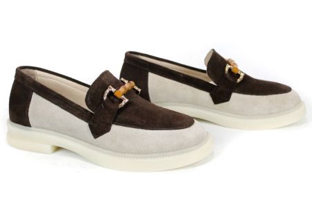 дамски лоуфъри естествен велур бежово и тъмно кафяво Lora Line