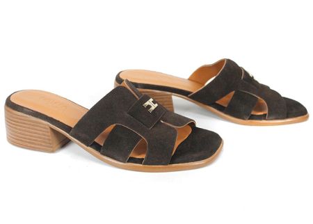 дамски чехли от естествен велур тъмно кафяво