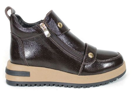 Aurelia Fontana women's dark brown glossy pebbled genuine leather ankle boots