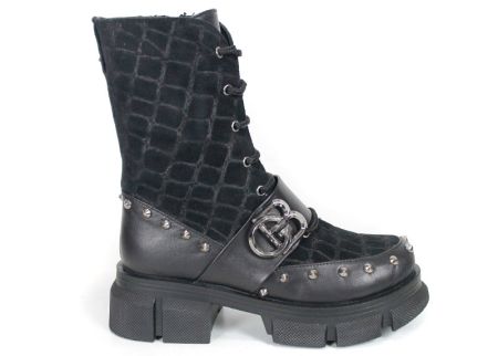 Women's Black Punk Boots in Leather and Croc-Embossed Suede Vittoria Ribelle