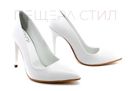 Дамски официални обувки на висок ток от естествена кожа в бяло, модел Джесика.