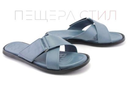 Мъжки чехли от естествена кожа в дънково синьо, модел Алберто