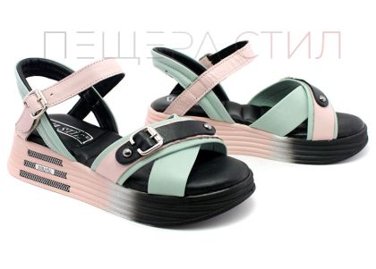 Дамски сандали на ниска платформа в  розово и зелено - Модел Мона Лиза