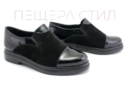 Pantofi casual dama din piele lacuita si piele intoarsa de culoare neagra - Model Areselis