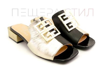 Дамски чехли на нисък ток в златно и черно - Модел Мишел.