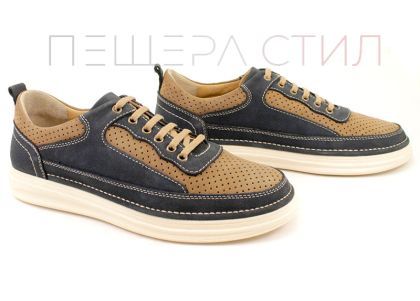 Мъжки ежедневни летни обувки от естествен набук в синьо и бежово - Модел Севар.