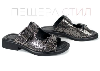 Дамски чехли Silver Wild от естествена кожа, сребрист леопард, регулируеми каишки.