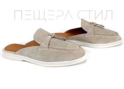 Duna Beige дамски велурени чехли с пискюл и бяло ходило