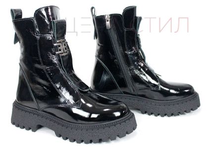 дамски боти Nero Flare естествен лак черни без връзки с ластик и зимно ходило