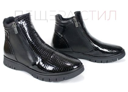 дамски ниски боти Velina Forte от естествен лак и кожа, с плюшен хастар и два ципа