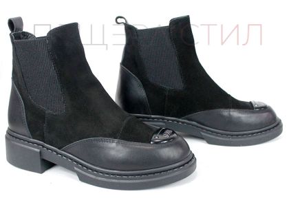 дамски боти Noiré Lume, черни, естествена кожа и велур, Челси модел, зимни, нисък ток, елегантен стил