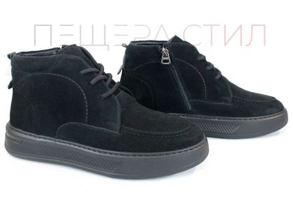 Мъжки боти Loftе Vento – естествен черен велур, цип и връзки, широк комфорт и топъл хастар