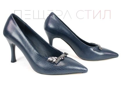 Дамски официални обувки Luxe Éternelle – тъмно син цвят, естествена кожа, висок тънък ток