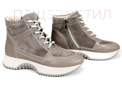 Дамски високи сникърси – естествена кожа и велур, топъл хастар, цвят визон - модел Rovere Alto