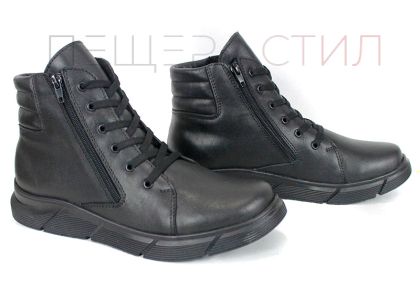 Мъжки спортно-ежедневни боти Strada Nero от естествена черна кожа с връзки, два ципа и топъл хастар