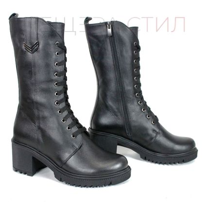 Дамски високи кубинки Valora Nera от естествена черна кожа с връзки, цип и зимно ходило