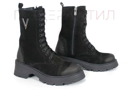 Дамски кубинки Terra Vento от естествен черен набук с връзки и цип