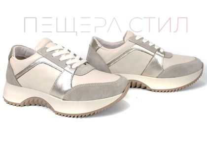 Дамски сникърси Luce Argento от бежова естествена кожа и велур със златисти кожени елементи