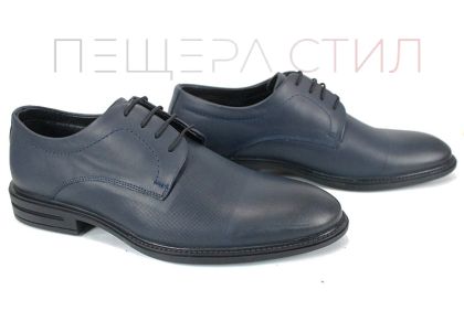 Мъжки официални обувки от тъмносиня естествена кожа с връзки и кожен хастар