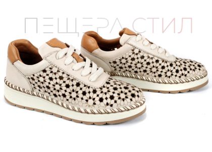 Дамски обувки Bellora Vita от естествена кожа в бежово с перфорация и връзки