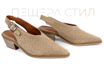 Дамско сабо Aura Clara от естествен велур в цвят канела с перфорация и отворена пета